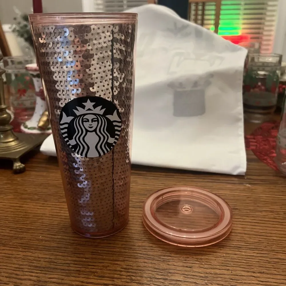 Starbucks 2017 Sequins Pink Rose Cold Cup Tumbler 24 oz *rare*‎ w/out straw